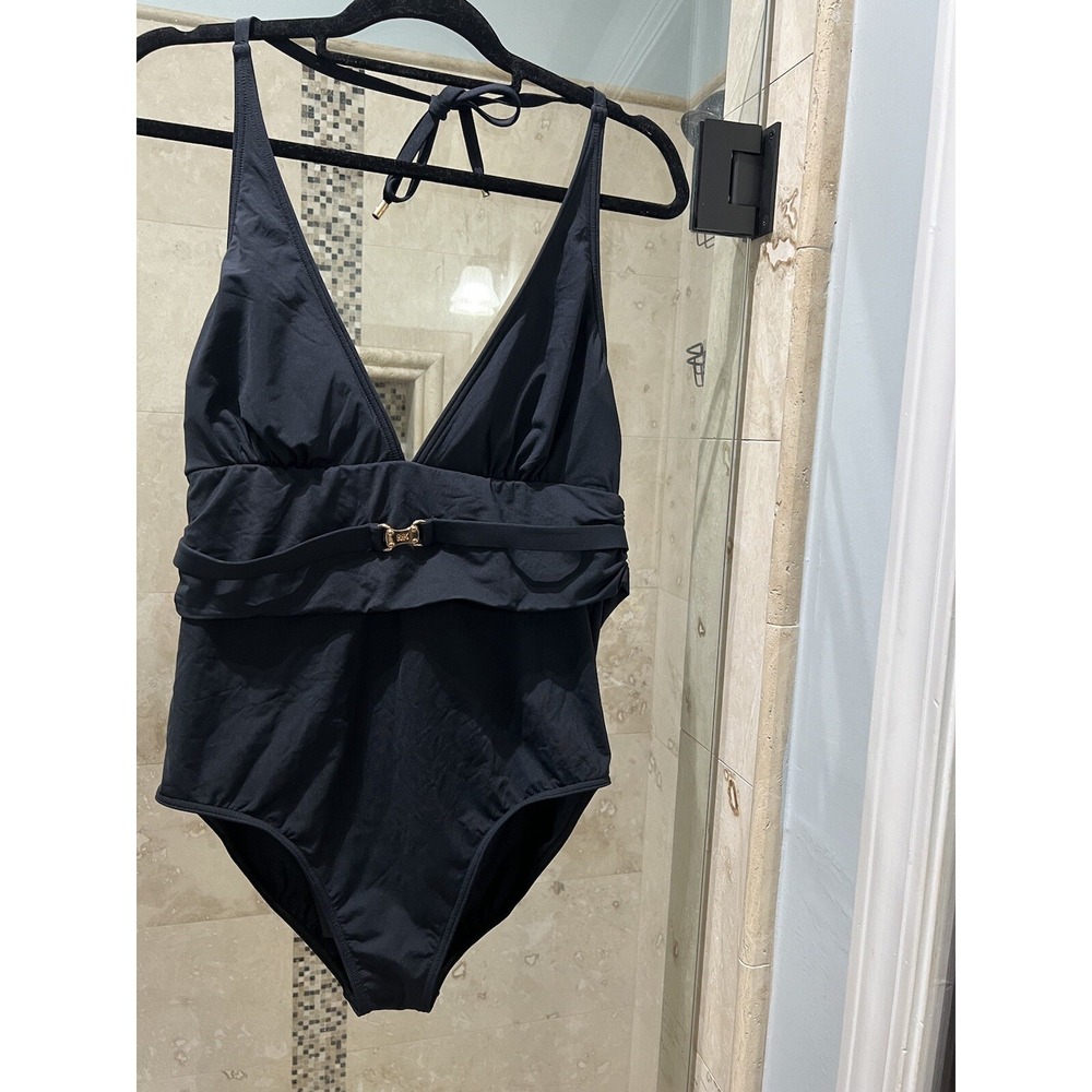 Michael Kors Black One Piece Halter Swimsuit Gold MK Logo Hardware 16